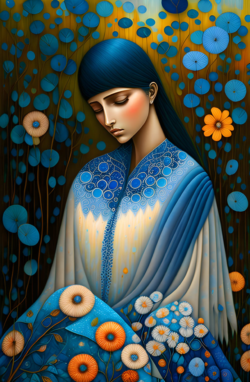 Illustration of woman with blue hair in blue & white garment among vibrant flowers