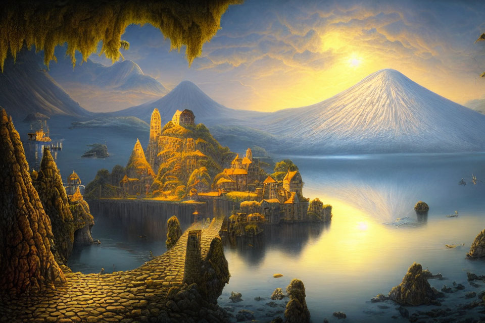 Fantasy landscape with bay, bridge, village, castle ruins, and volcanoes at sunrise or sunset