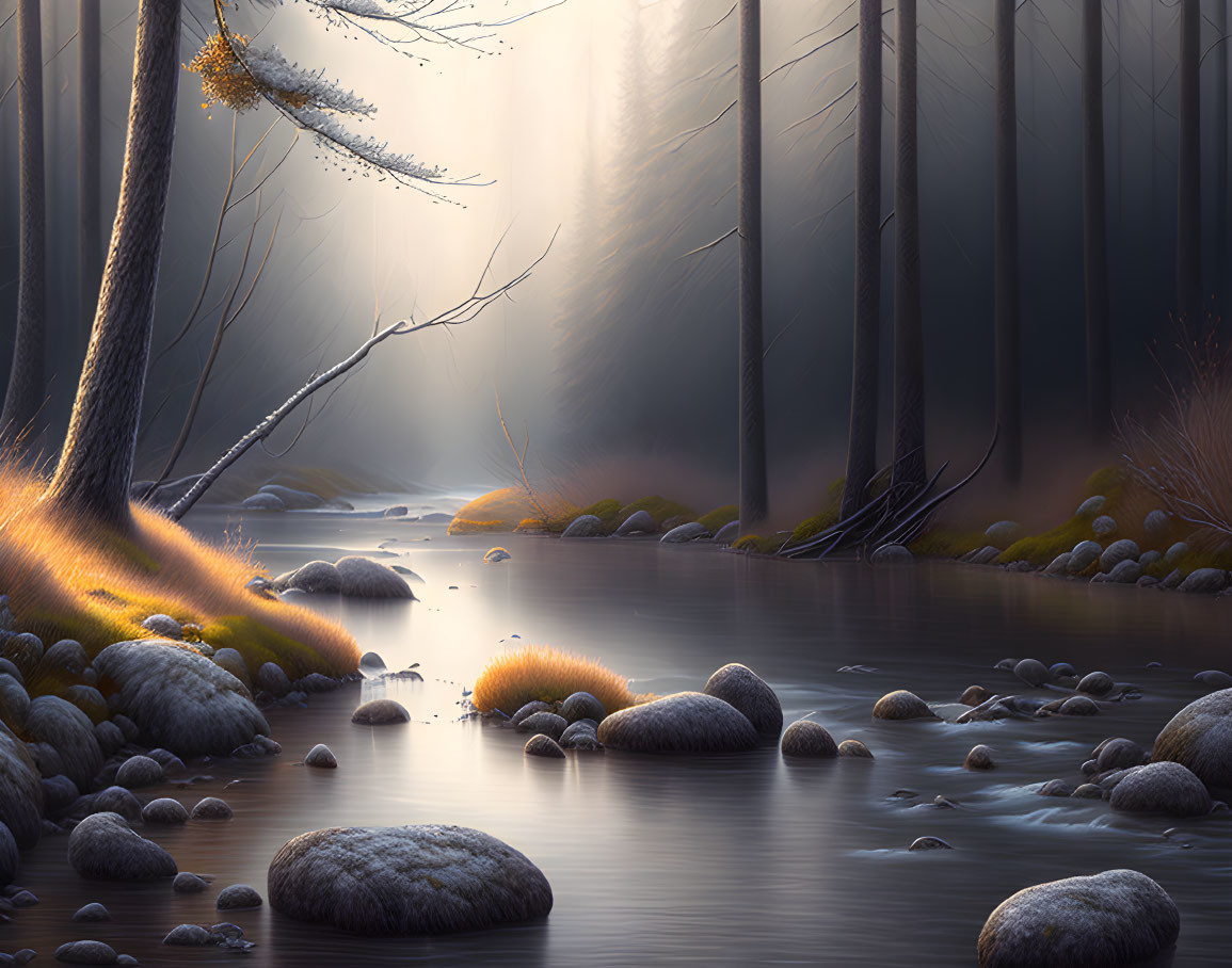 Sunlit Forest Stream with Mist and Towering Trees