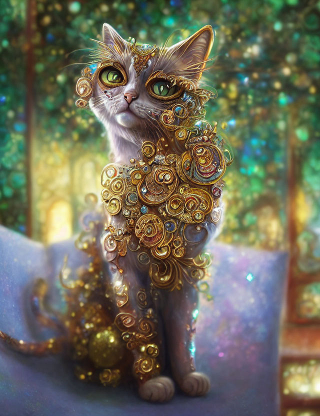 Digital artwork: Whimsical cat with golden spirals in enchanted forest