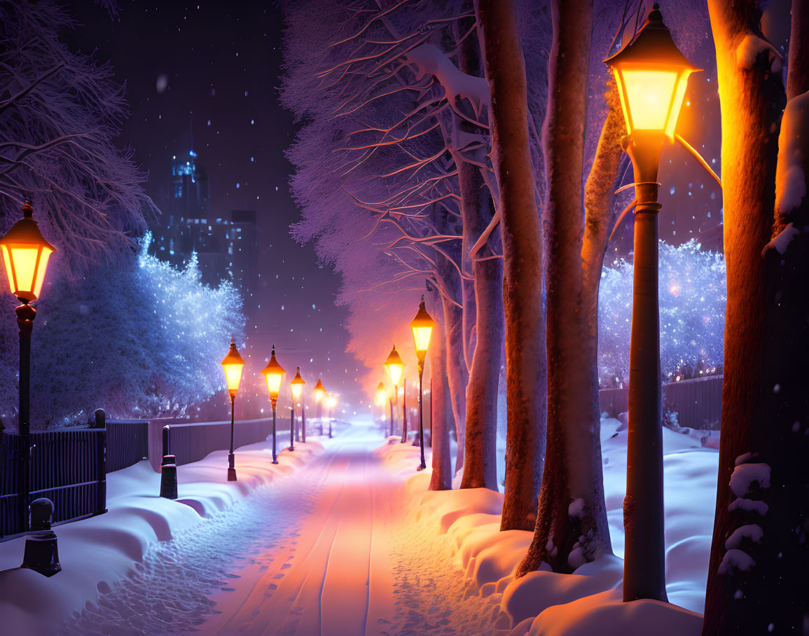 Snow-covered pathway with glowing street lamps and trees on a tranquil winter night