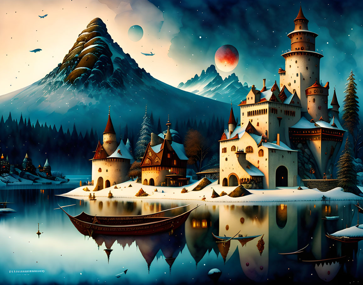 Fantasy landscape: castle by lake, twilight sky, two moons, snowy mountains