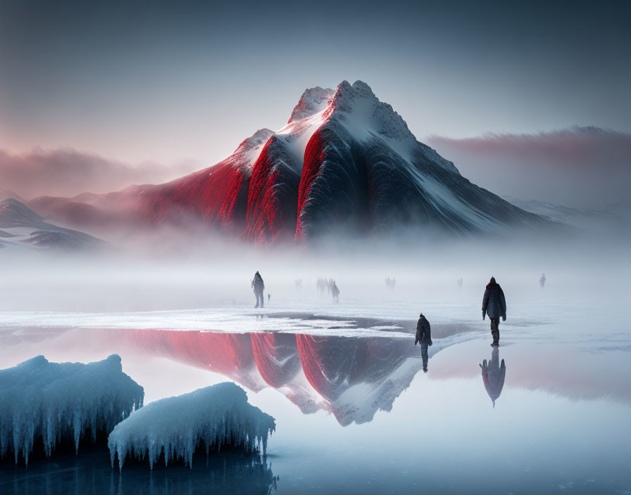 Majestic snow-capped mountain in serene landscape with red light on peak