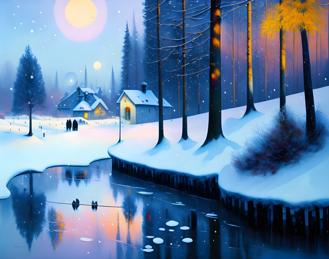 Tranquil Winter Scene: Cabin, Frozen Lake, Snow, Ducks, Sunset/Moon