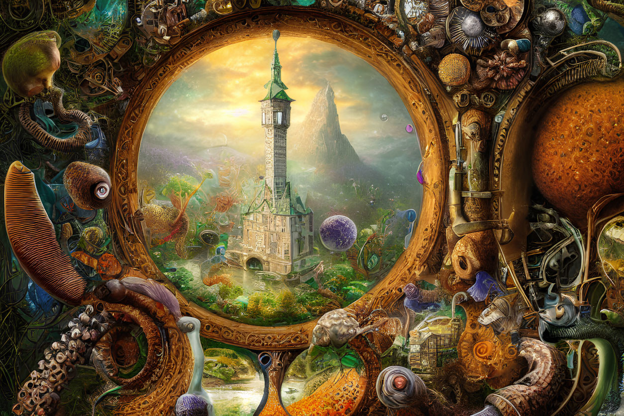 Steampunk portal with castle in whimsical landscape