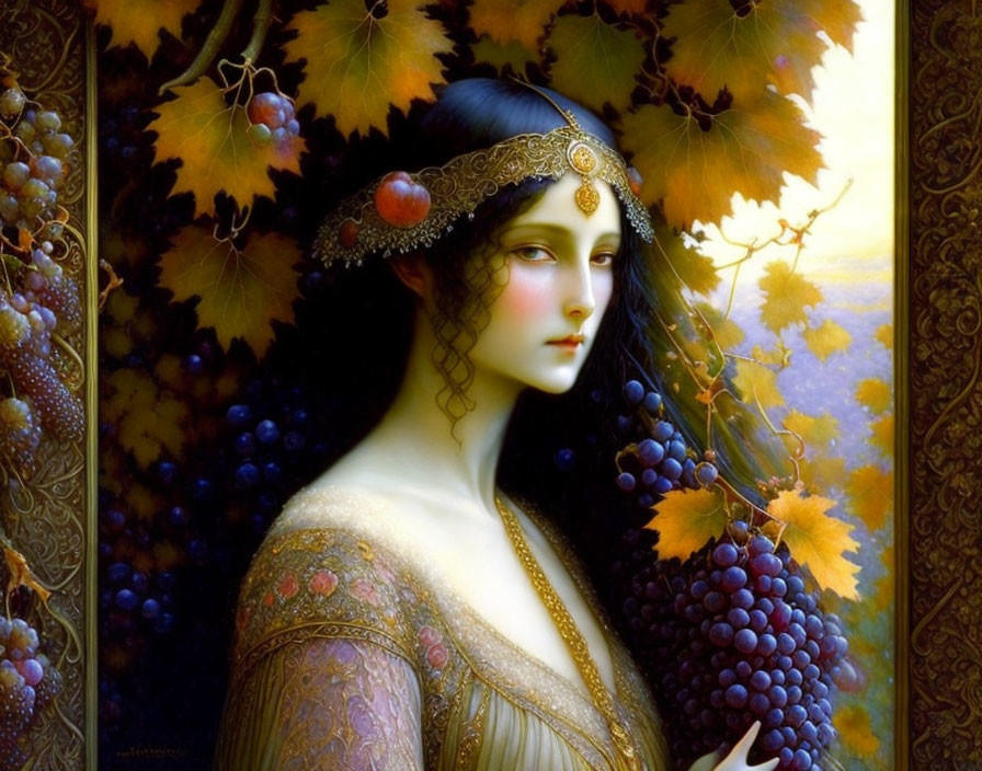 Woman with Autumn Leaves and Grapes in Hair, Golden Headpiece & Detailed Gown