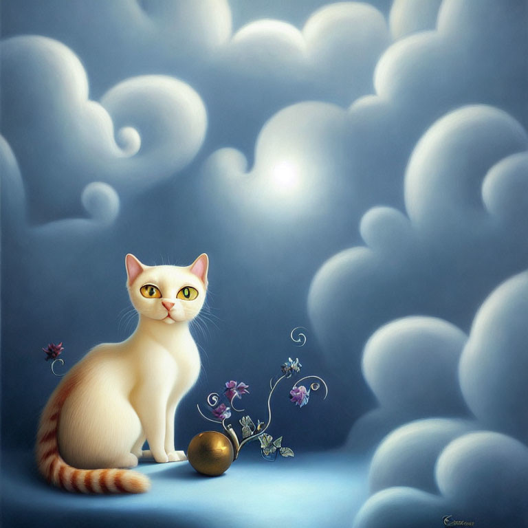 Whimsical white cat with ginger spots on cloud with golden orb and purple flowers