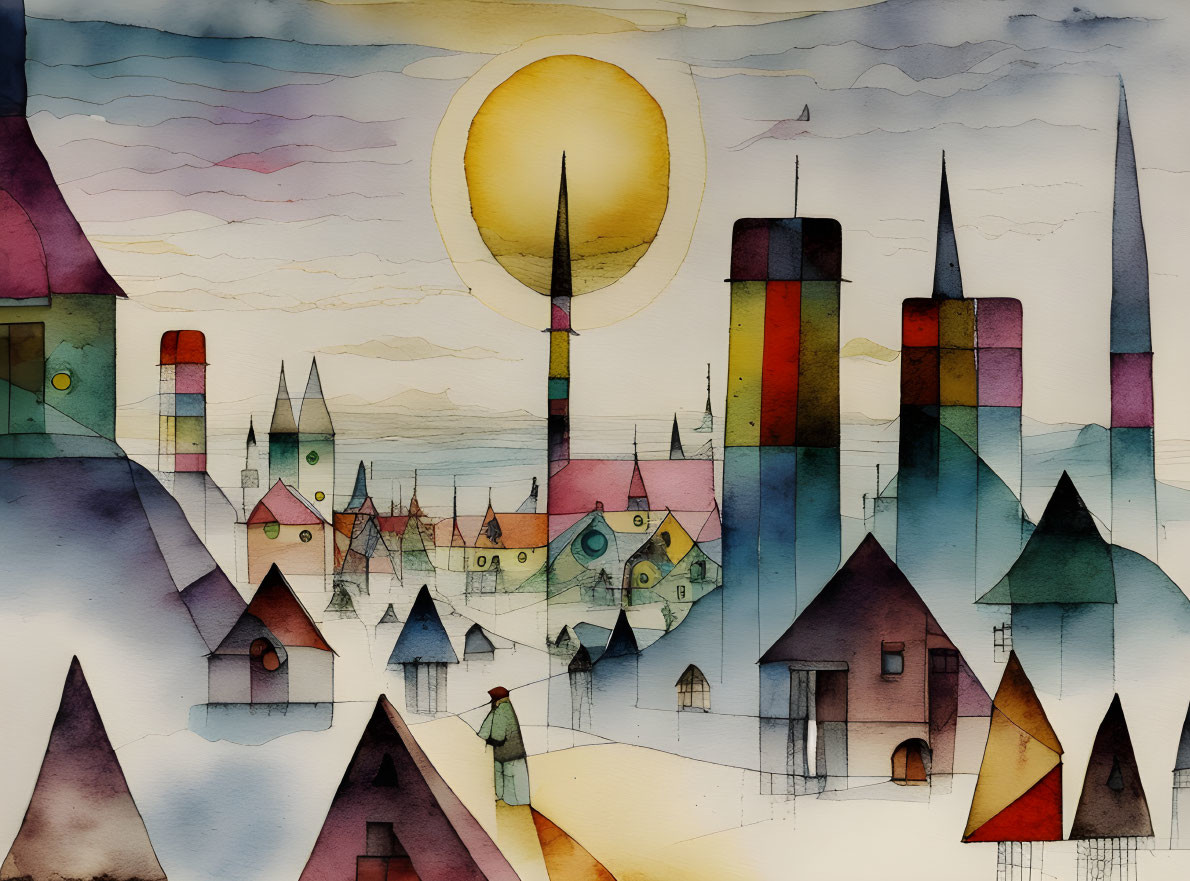 Colorful Watercolor Painting of Cityscape at Sunset