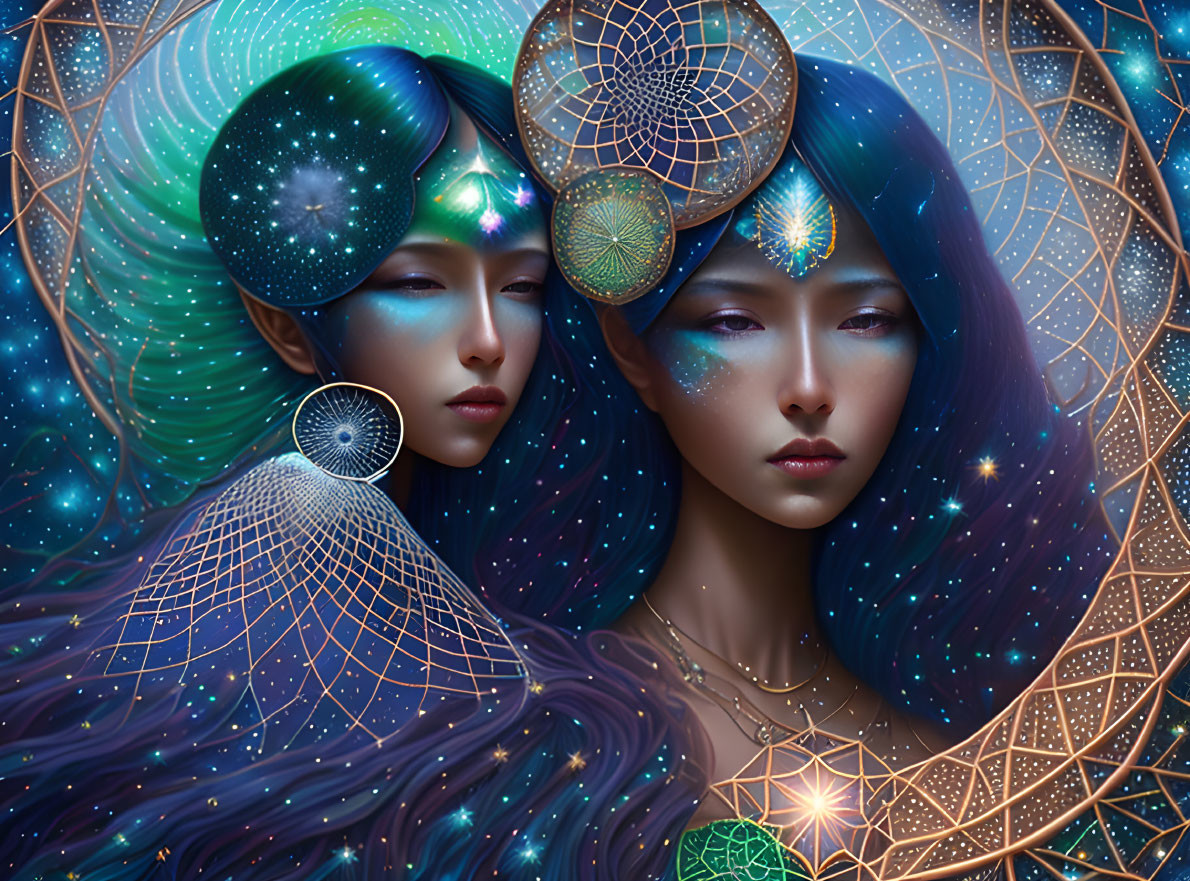 Stylized female figures with cosmic makeup and intricate jewelry against a starry background