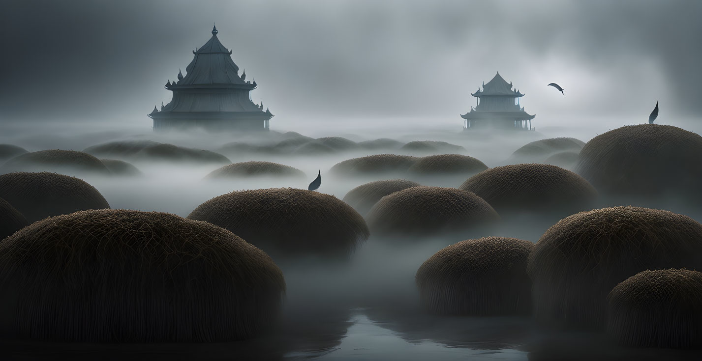 Traditional pagodas in mystical landscape with reed formations and foggy sky.