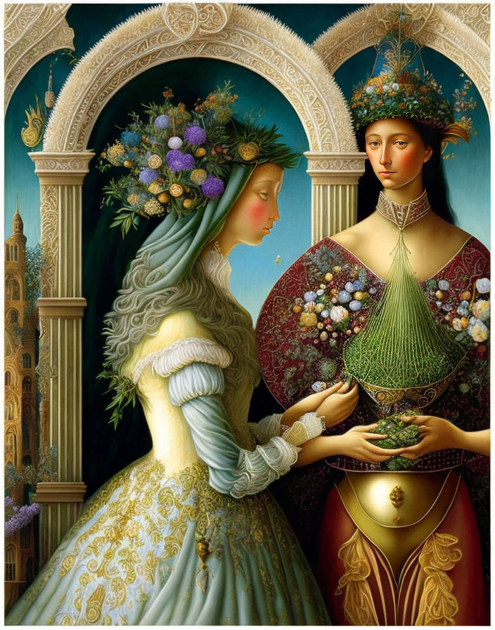 Surreal painting: Two figures in floral headpieces and Renaissance attire exchanging a green vessel