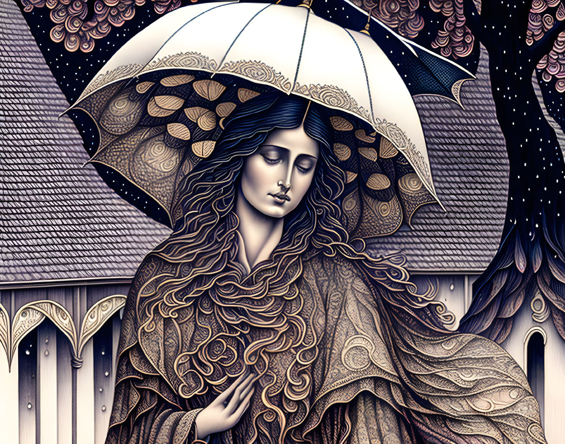 Detailed woman illustration with flowing hair, cloak, umbrella, starry sky, and stylized trees.