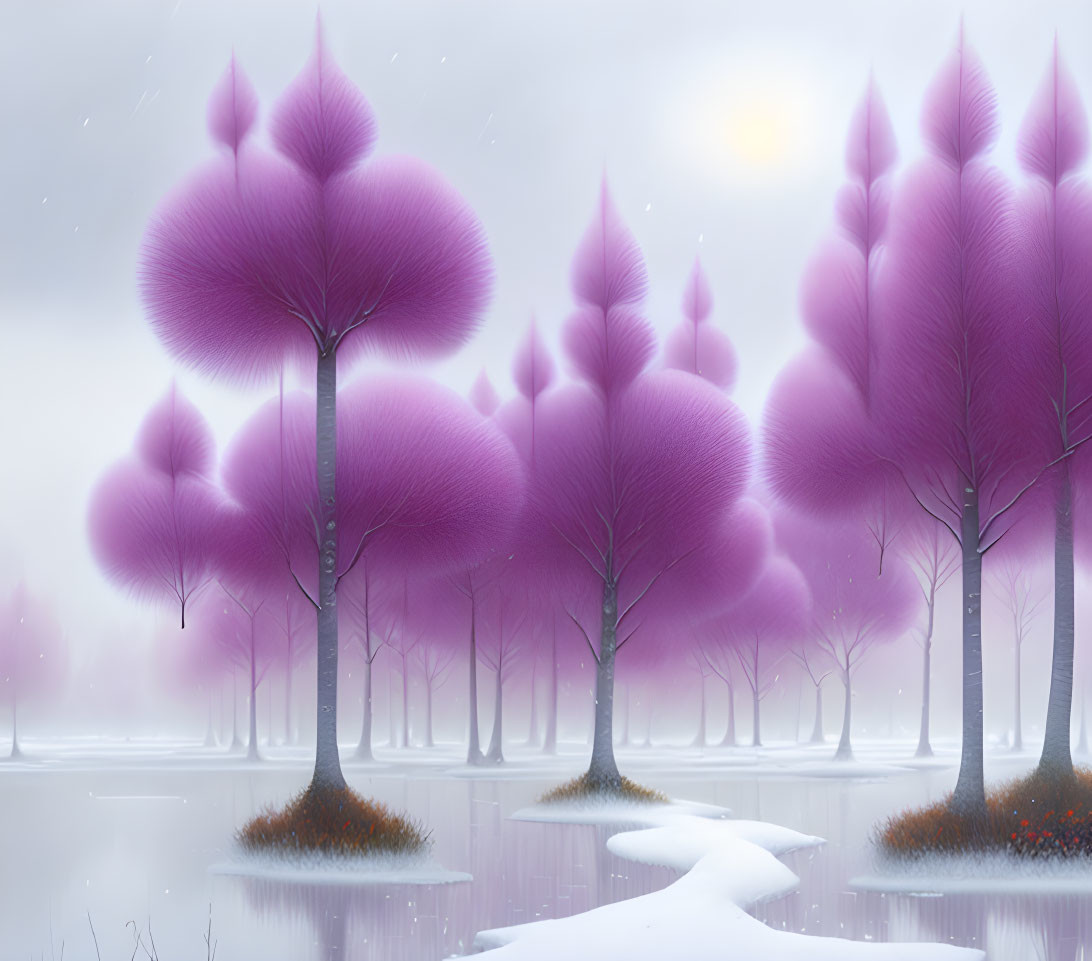 Vibrant purple winter trees in misty white landscape