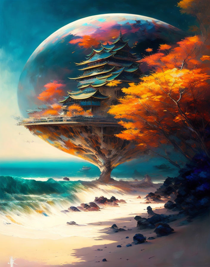 Fantastical artwork: Colossal tree, ancient pagoda, fiery leaves, ocean backdrop.