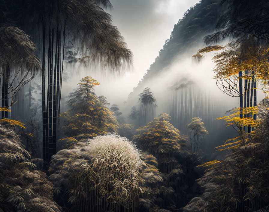 Enchanting forest landscape with mist, bamboo, and lush foliage in ethereal light