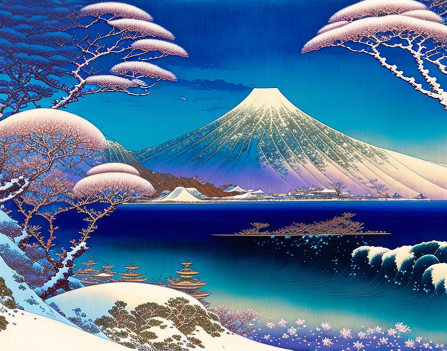 Traditional Japanese art: Snow-covered Mount Fuji, snow-laden trees, serene waters, red sun.