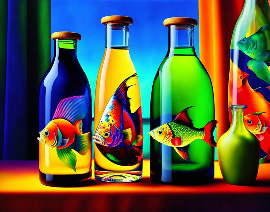 Vibrant Fish Illustration in Colorful Bottles on Blue, Orange, and Red Background