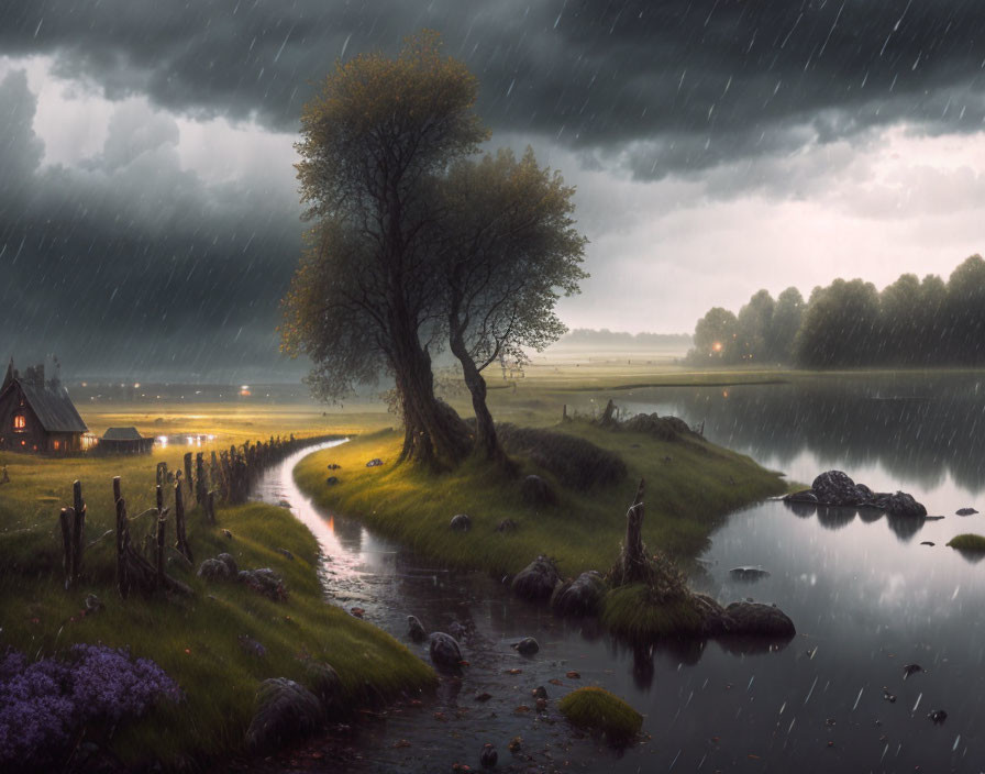 Tranquil rainy landscape with lone tree, path to cottage, and reflective lake