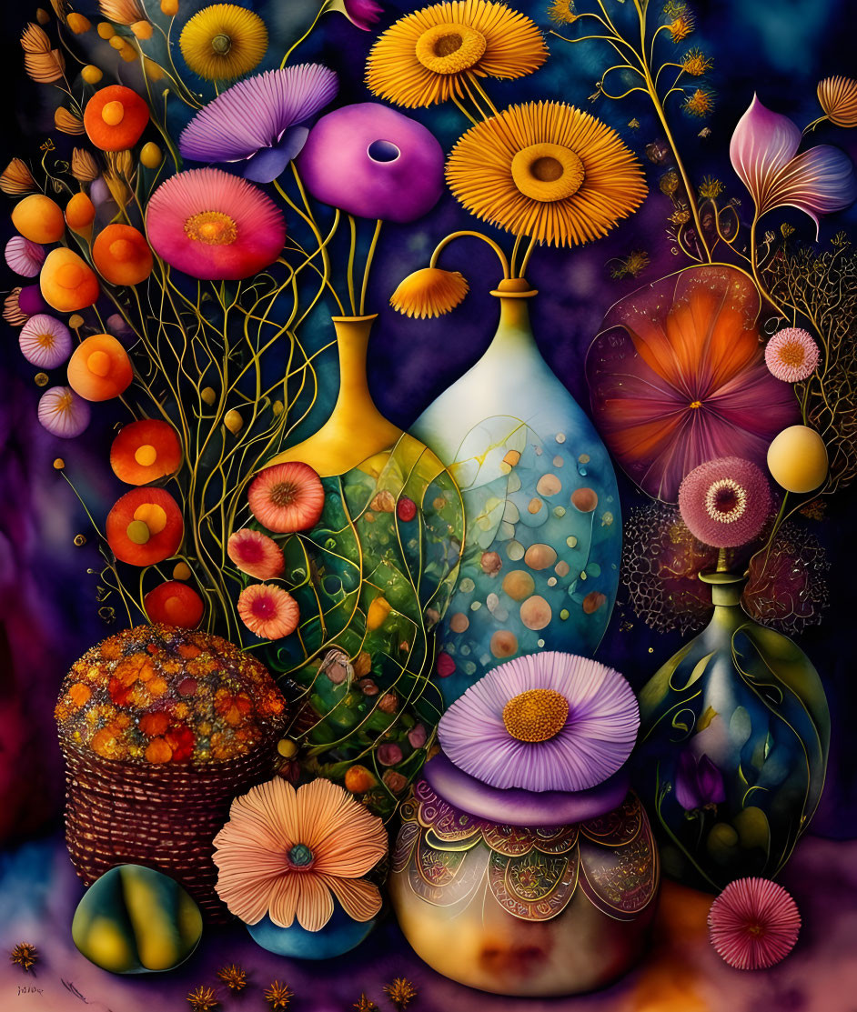 Vibrant Still Life with Stylized Flowers and Vases