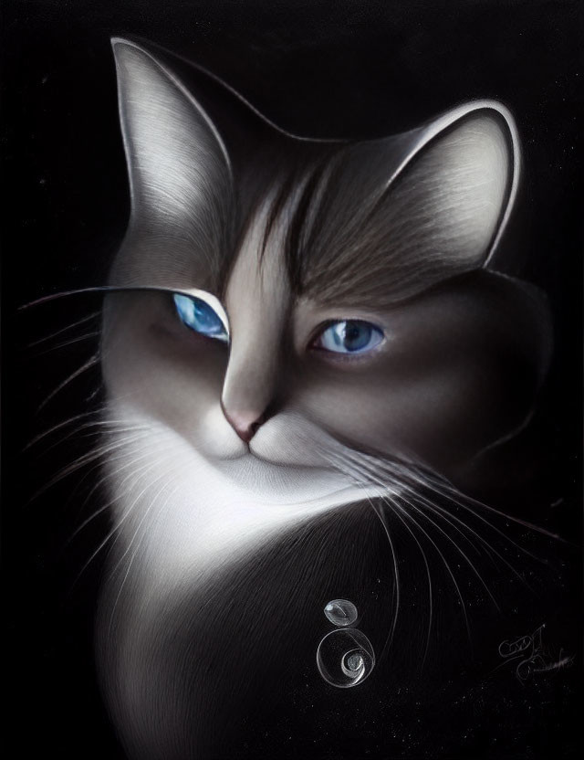 Detailed Photorealistic Drawing of Two-Toned Cat with Striking Blue Eyes