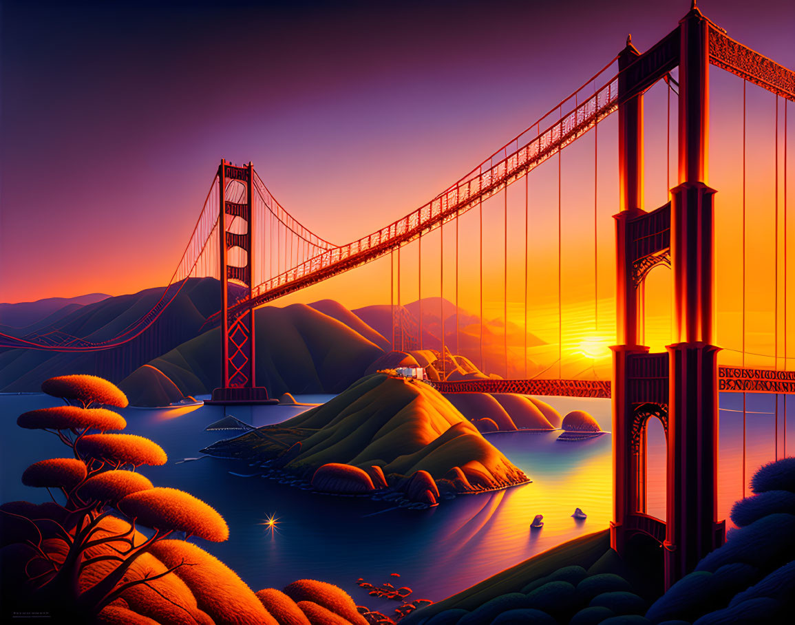 Vibrant Golden Gate Bridge sunset illustration with stylized trees.