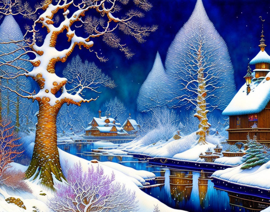 Snow-covered winter scene with starry sky, illuminated river, and cozy houses