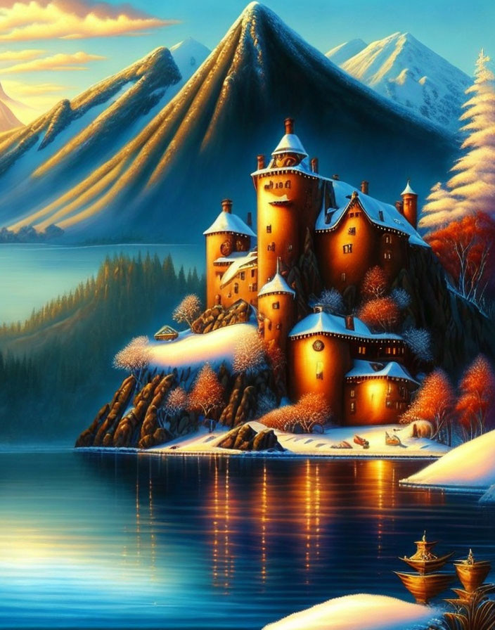 Enchanting fairytale castle by lake, snowy pines, mountains at twilight