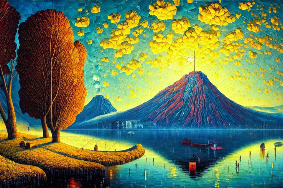 Vivid painting of volcanic landscape with autumn trees, tranquil lake, boats, and distant village