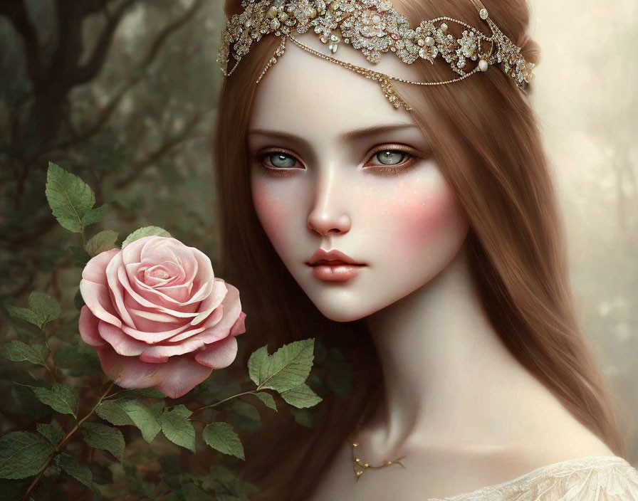 Digital artwork of fair-skinned woman with rosy cheeks holding pink rose