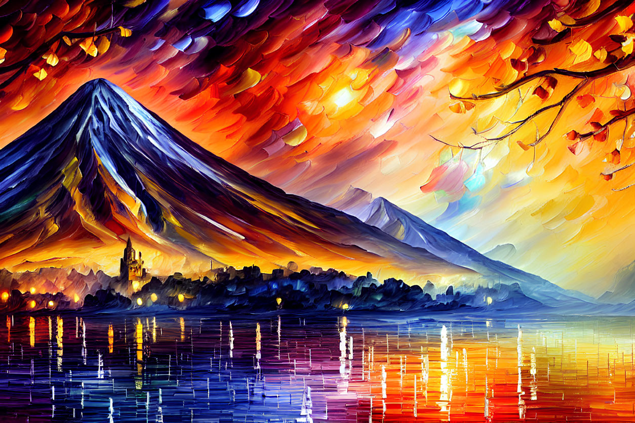 Colorful painting of mountain, lake, autumn foliage & village at dusk