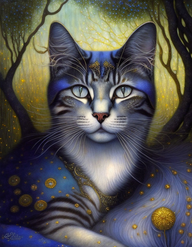 Mystical cat with human-like gaze in golden aura, celestial symbols, haunting forest.