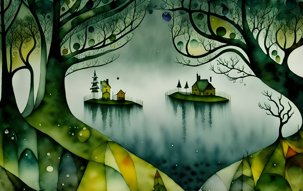 Whimsical Landscape with Islands and Quaint Houses