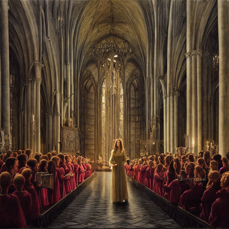 Woman in white in grand cathedral with people in red garments