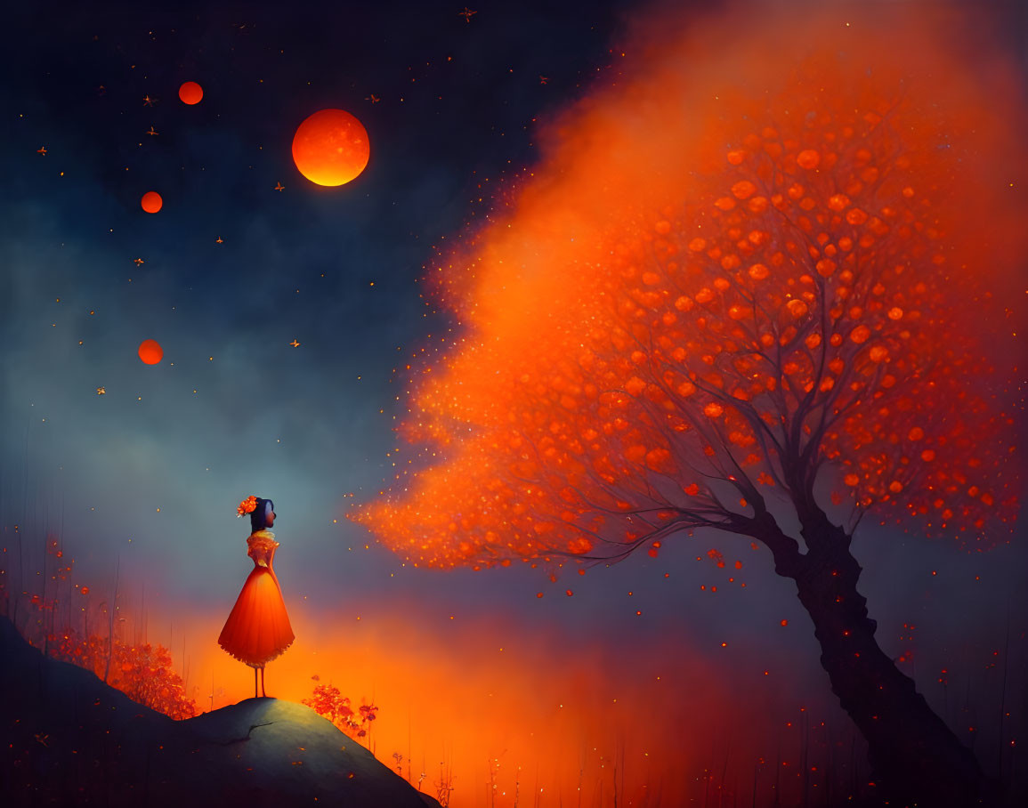 Girl in Orange Dress Observing Surreal Scene with Glowing Leaves and Red Moonlit Sky