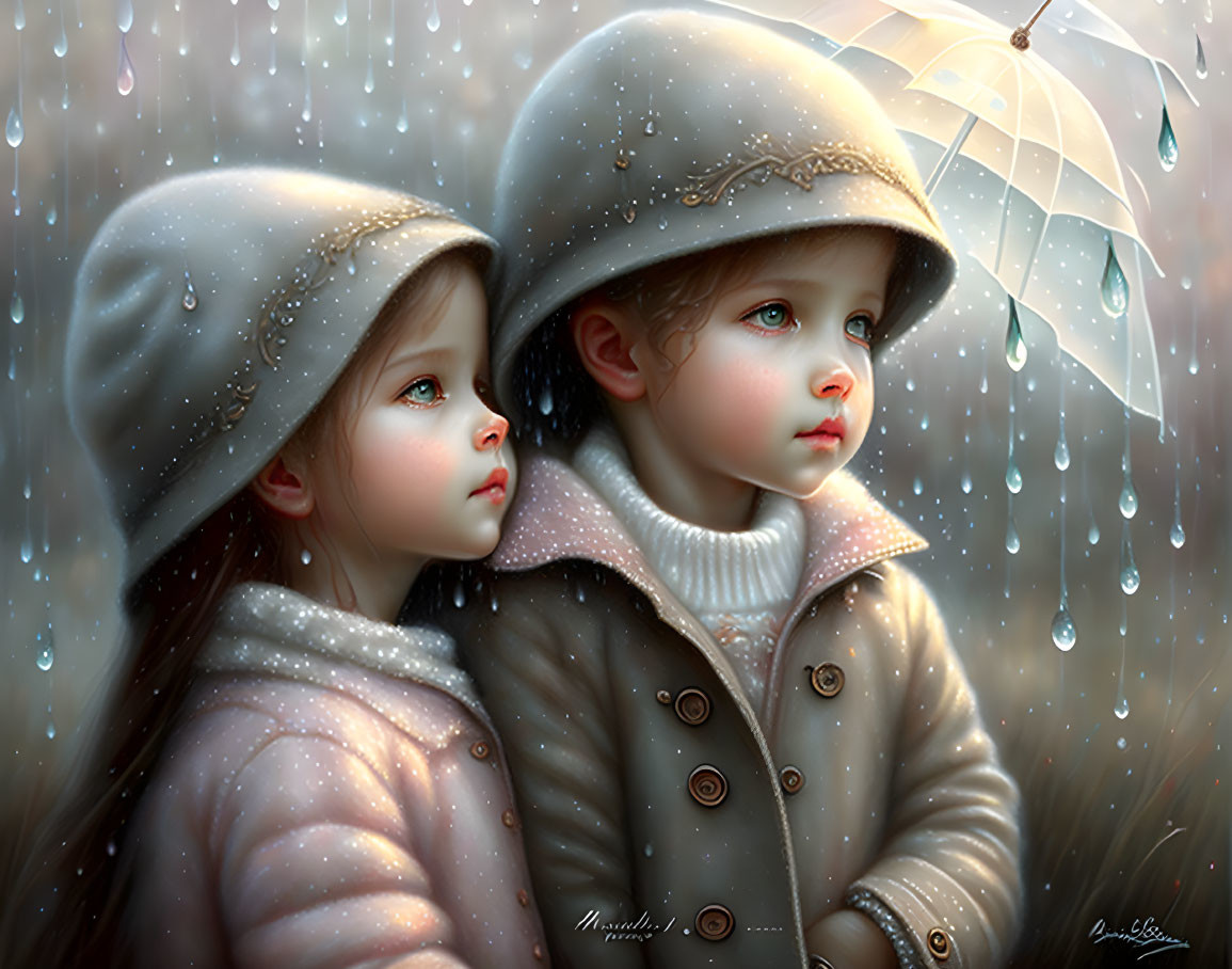 Children in beige clothes under translucent umbrella in the rain