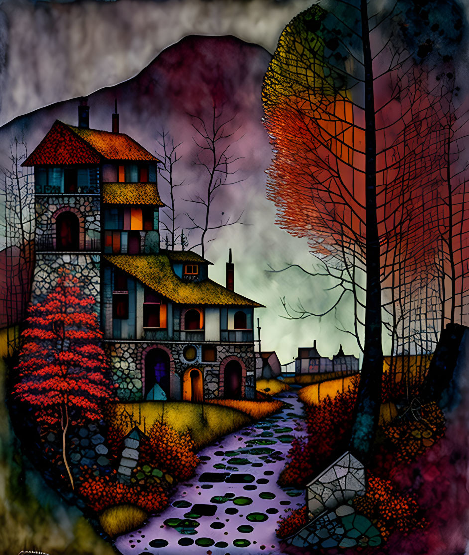 Colorful Stained-Glass Style Illustration of Whimsical House & Trees