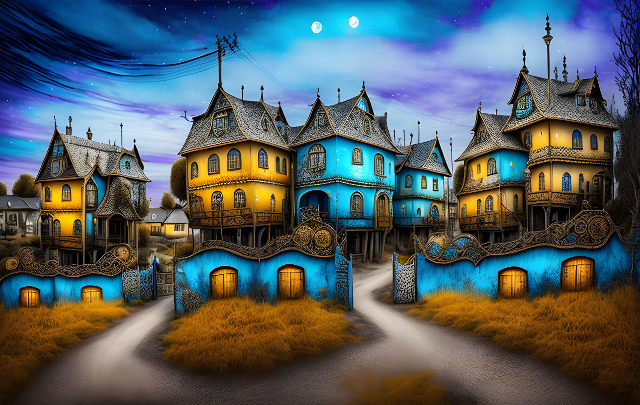 Whimsical village under starry sky with two moons