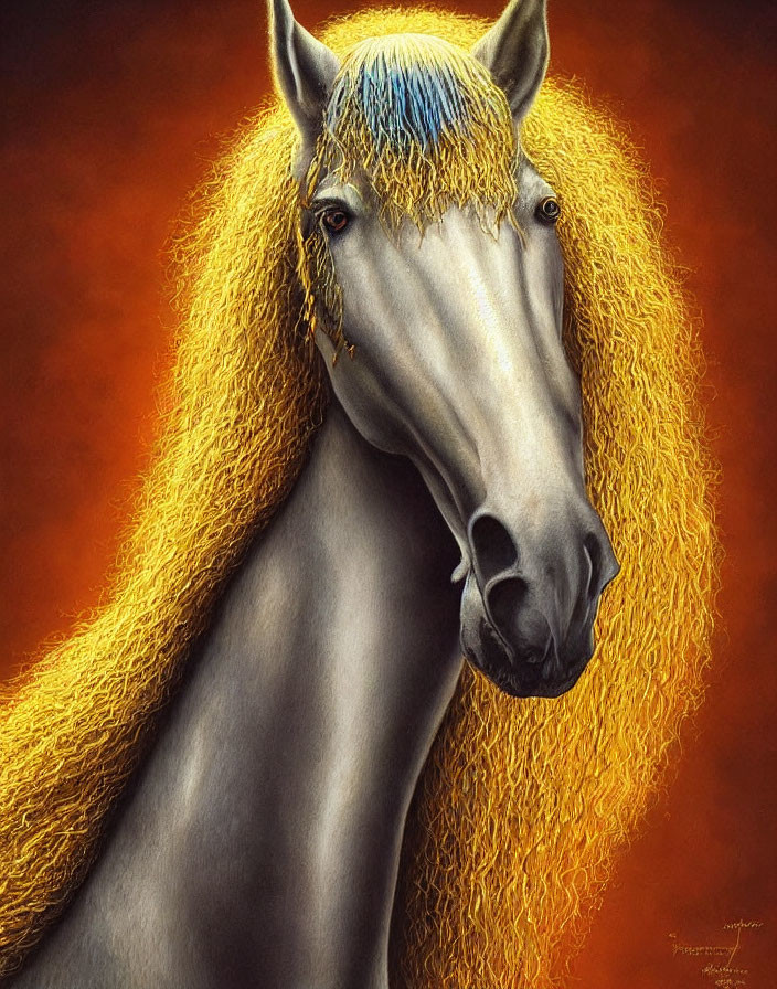 Golden-Maned Horse with Striking Blue Fringe on Warm Orange Background