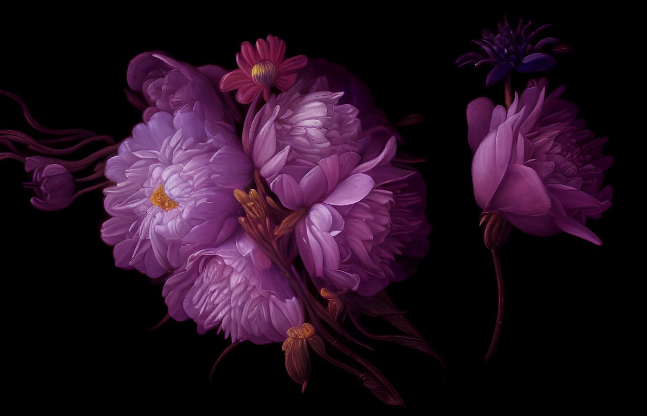 Detailed Purple Flower Illustration on Dark Background