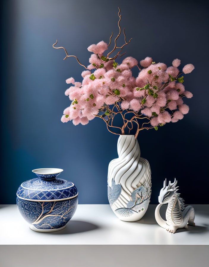 Pink blossoms in vase with lidded bowl and white object on dark surface