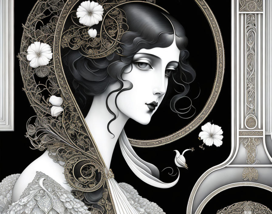 Grayscale illustration of stylized woman with ornate hair and floral frame