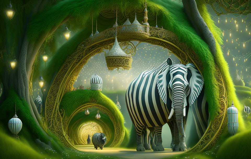 Enchanted forest with glowing lanterns and zebra-striped elephant