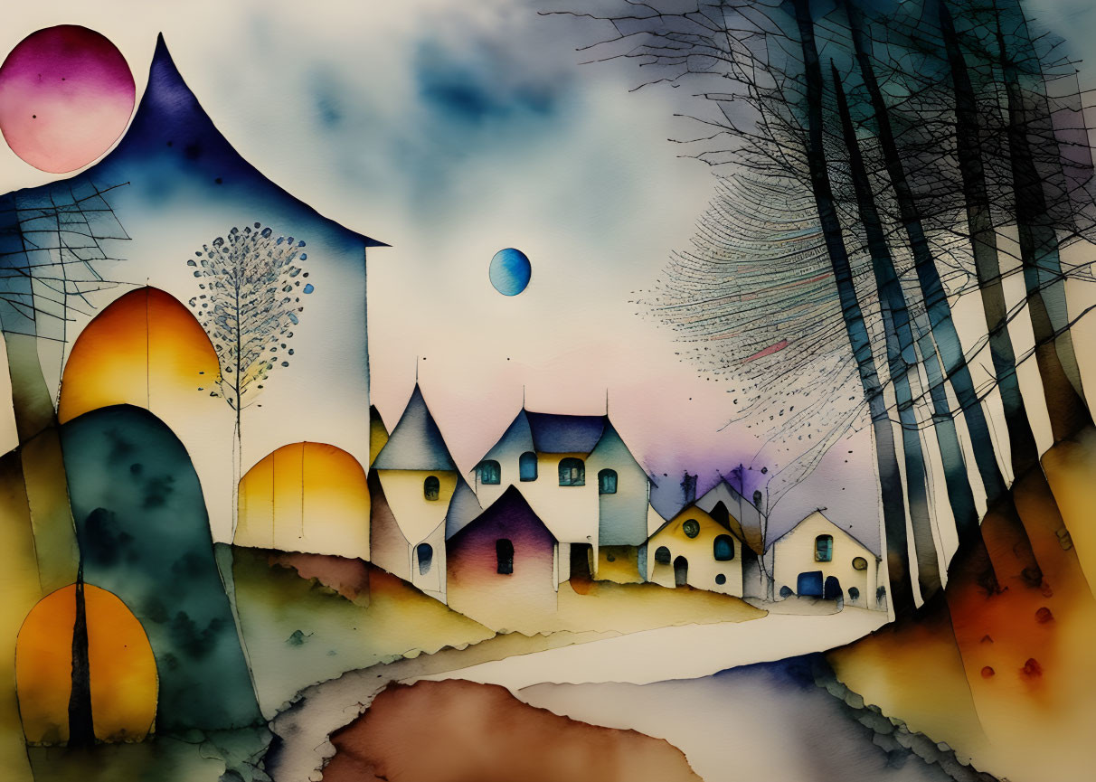 Colorful Watercolor Painting of Vibrant Village Under Blue Moon