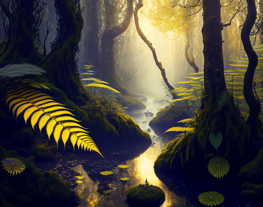 Mystical forest landscape with mist, mossy trees, stream, and glowing foliage