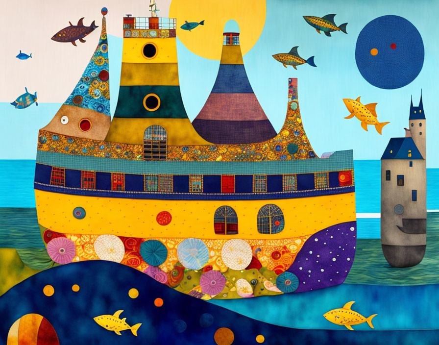 Colorful whimsical illustration of patterned yellow submarine, lighthouse, fish, and sea tower under