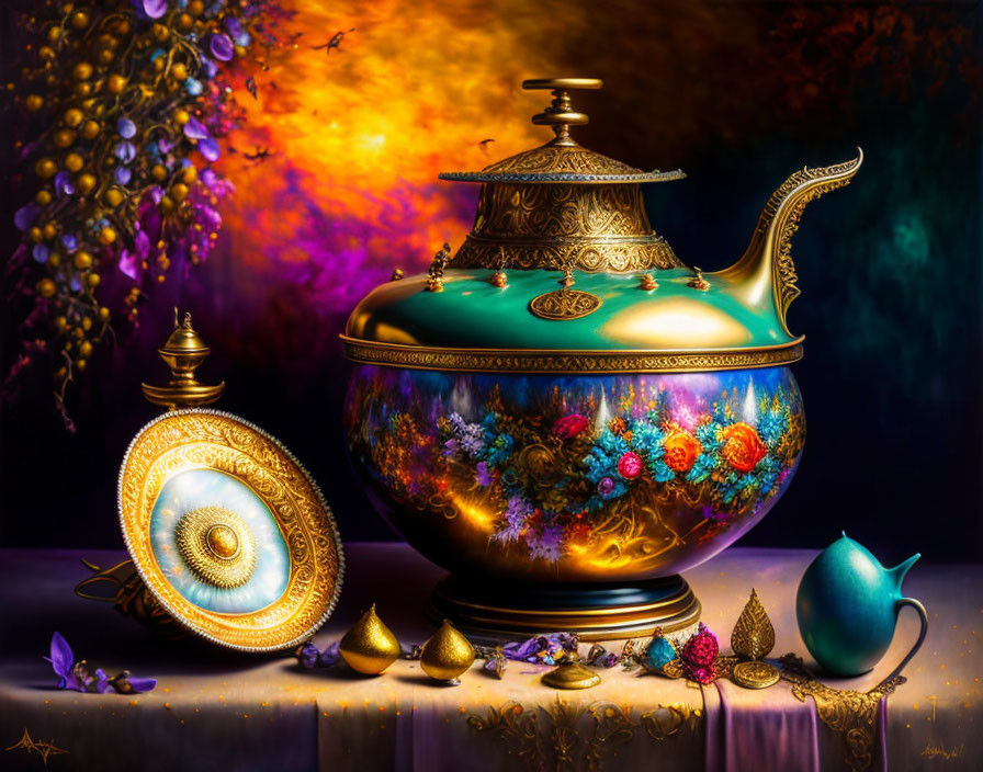 Colorful Ornate Teapot with Golden Embellishments and Whimsical Background