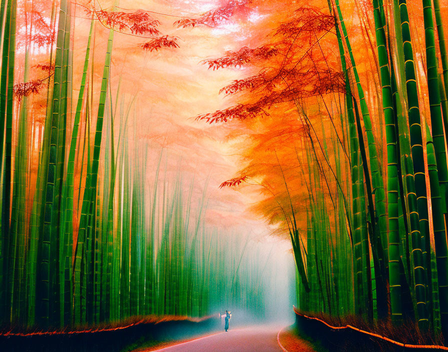 Person Walking Through Mystical Bamboo Forest with Towering Green Stalks