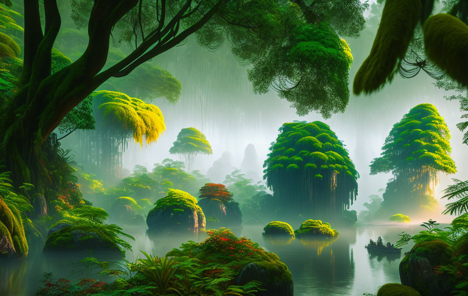 Foggy landscape with green trees, light rays, and tranquil pond.