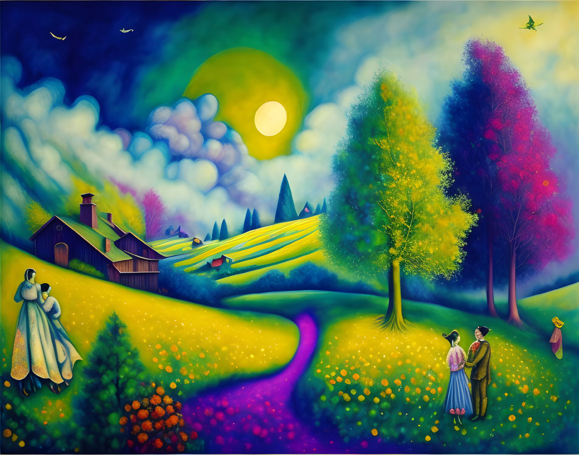 Vibrant surreal landscape with historical figures, whimsical trees, farmhouse, hills, and stylized