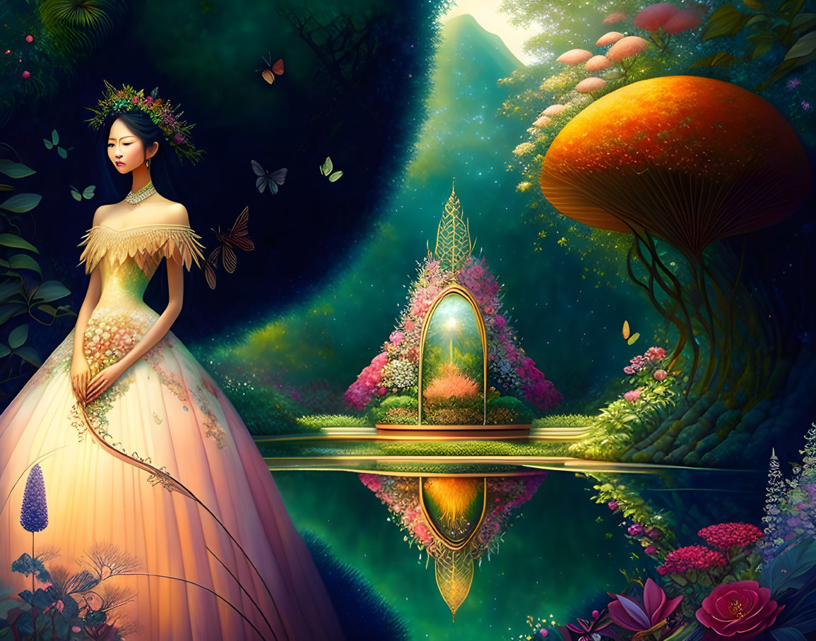 Mystical woman in flowing gown by ornate mirror in enchanted forest